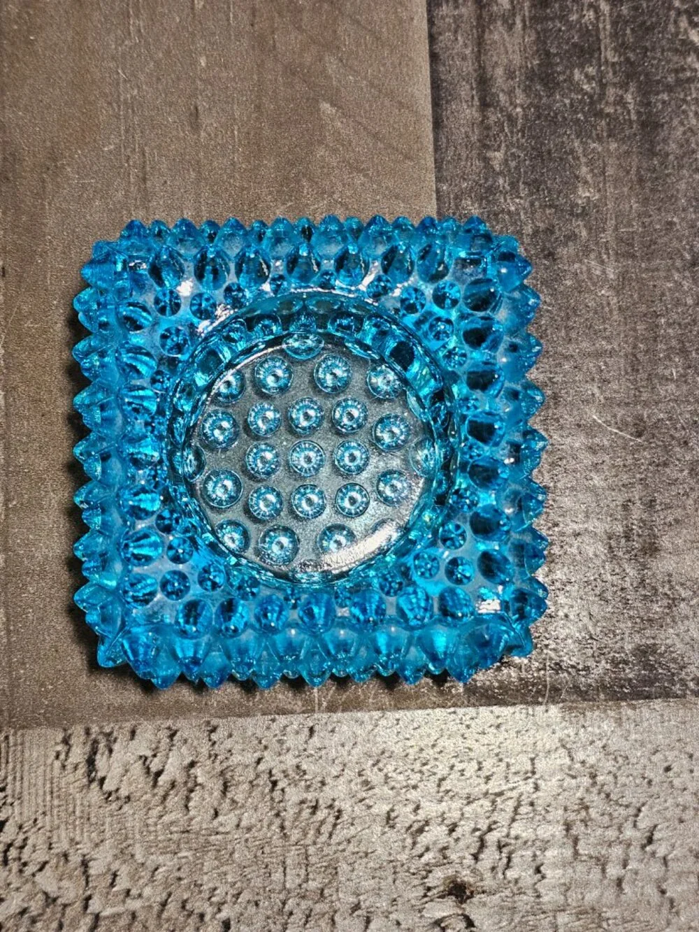 Vintage Fenton Blue Glass Votive Candle Holder Spike Hobnail Square